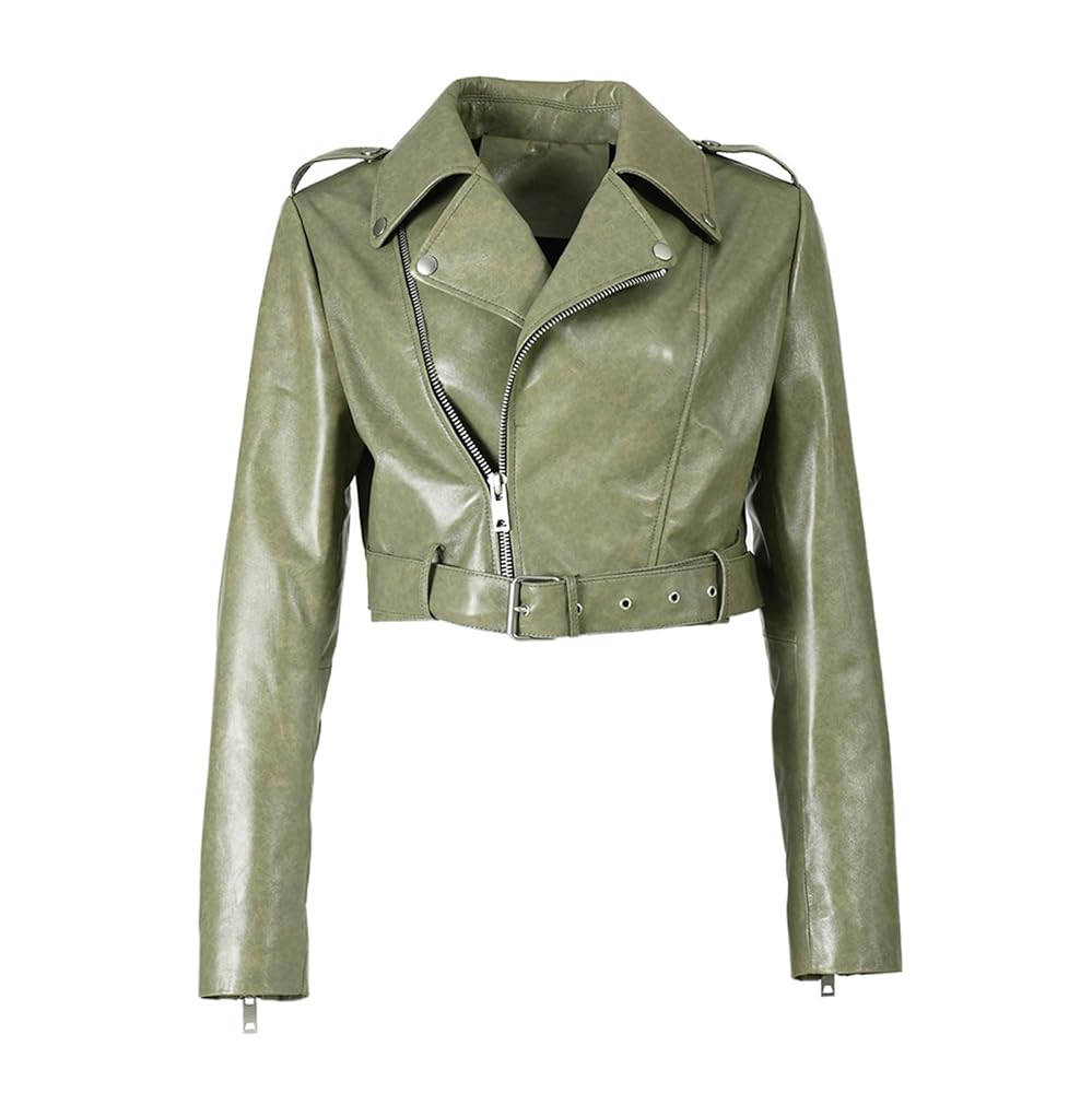 Women's Genuine Leather Jacket Cropped Coat With Belt Spring