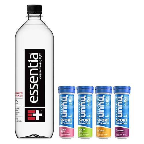 Essentia Agua embotellada, 1 litro, paquete de 12, agua alcalina ionizada+Nuun Sport caja mixta de bayas cítricas, 4 tubos (40 porciones)