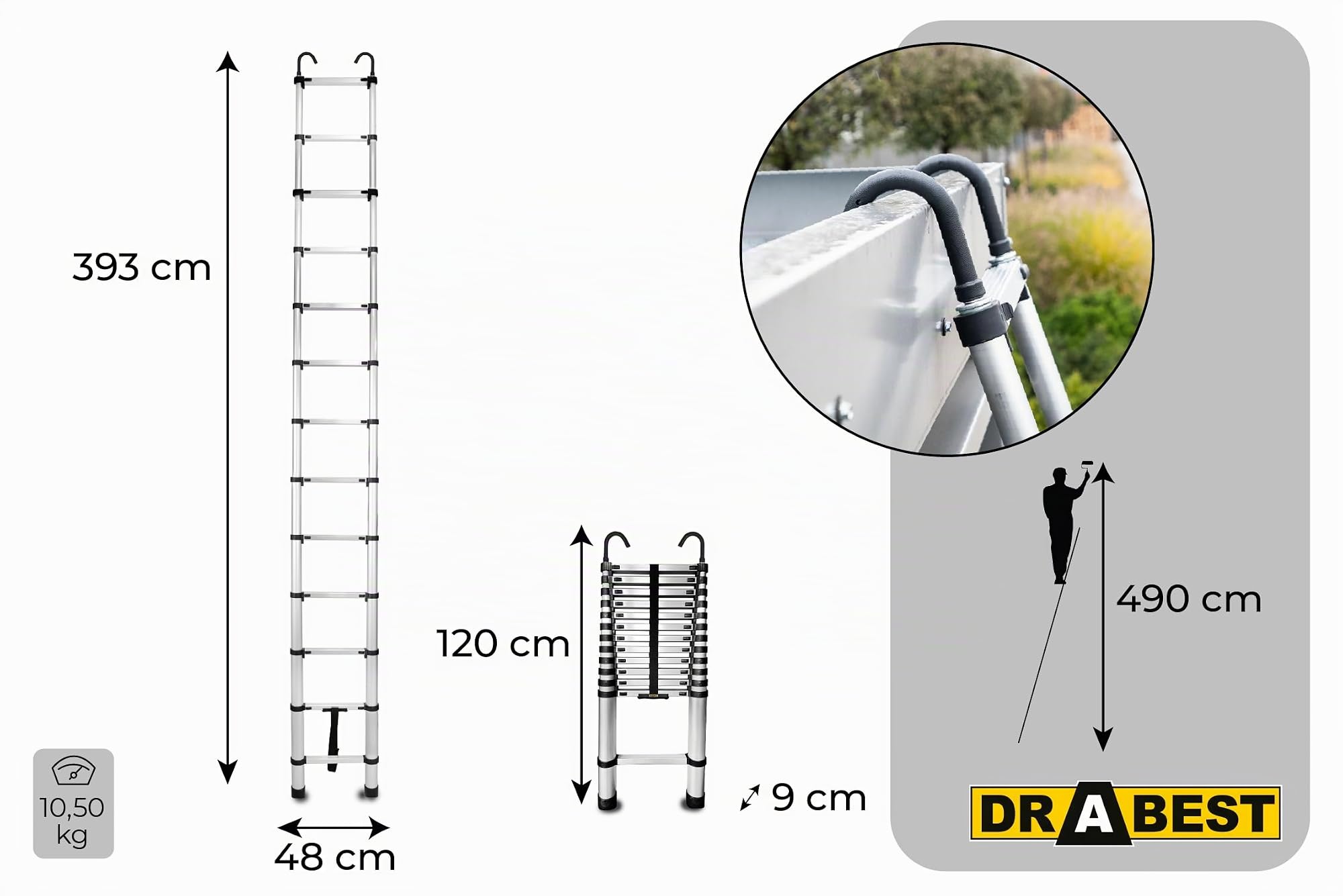 Drabest - Teleskopleiter aus Aluminium mit Befestigungshaken - Leiter Ausziehbar - Klappleiter, Aluleiter - Mehrzweckleiter - Multifunktionsleiter, Ausziehleiter - Klappbar - 13 Stufen - Höhe 3,8m