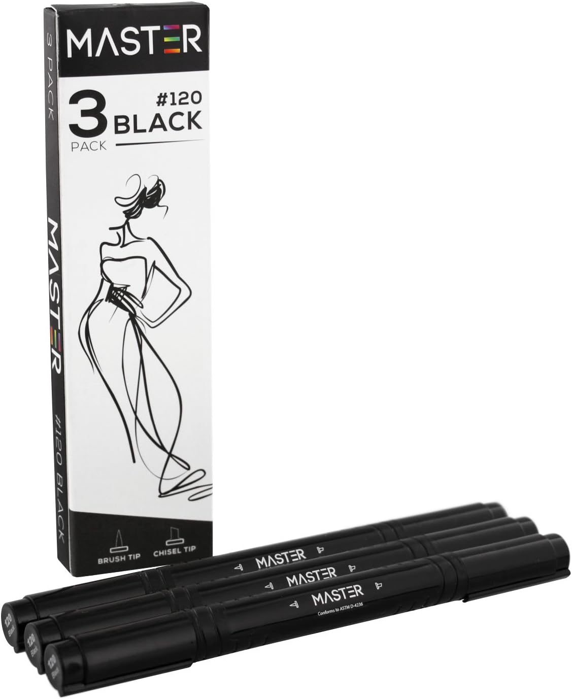Master Markers Dual Tip Artist Black Illustration Markers (Pack of 3) - Chisel/Brush Tip, Rubber Comfort Grip and Plastic Carry Case