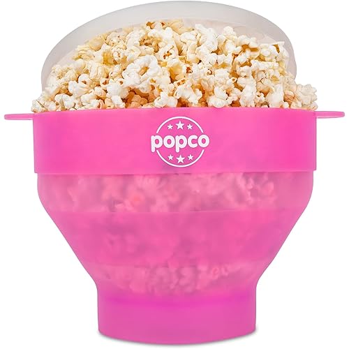 POPCO Hotpop Silicone Popcorn Popper - Large Microwave Corn Popper with Handles - Dishwasher Safe Silicone Popcorn Bowl - Ideal for Quick Snacks - Transparent Pink