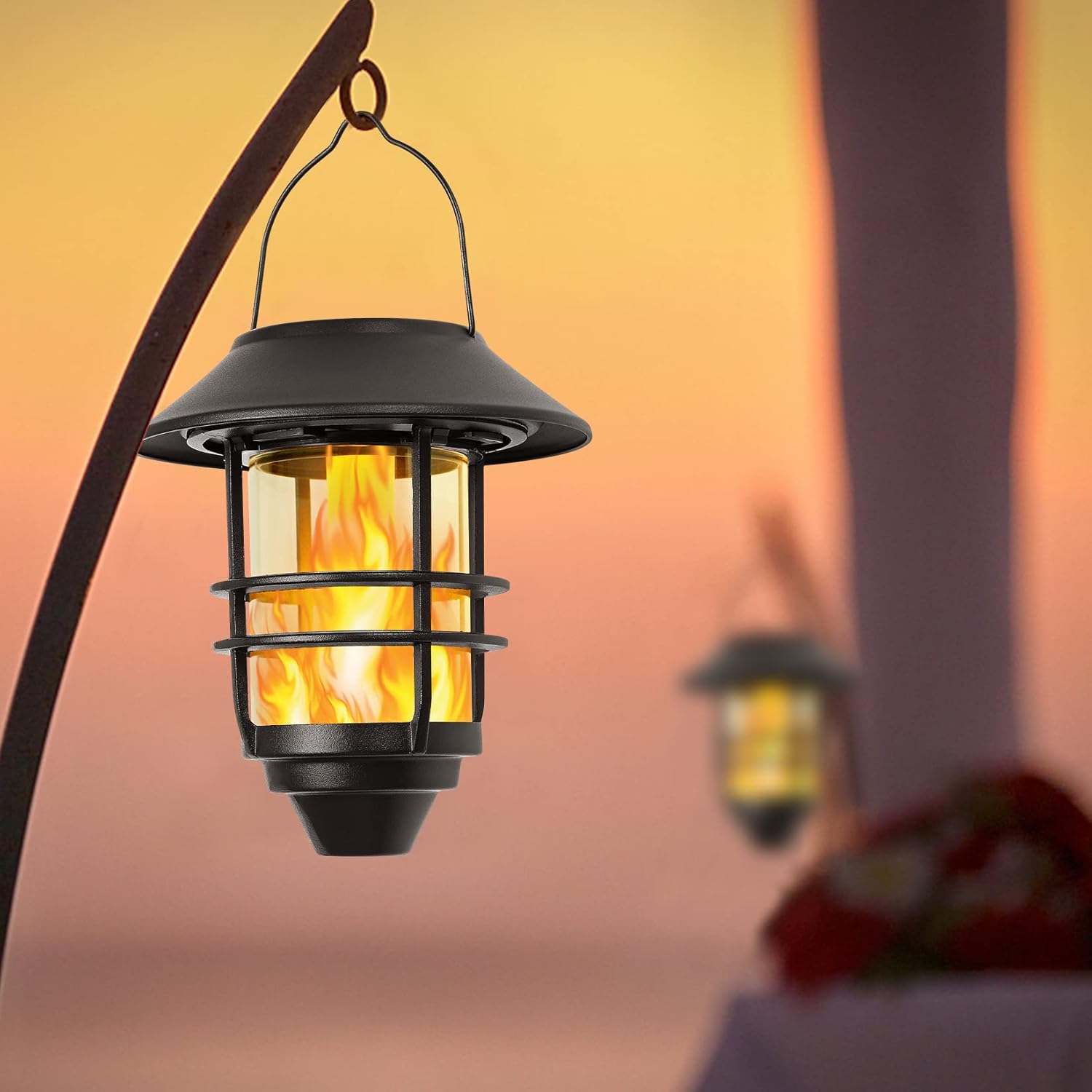 Black Solar Wall Lanterns with Flickering Flames, 2 Pack