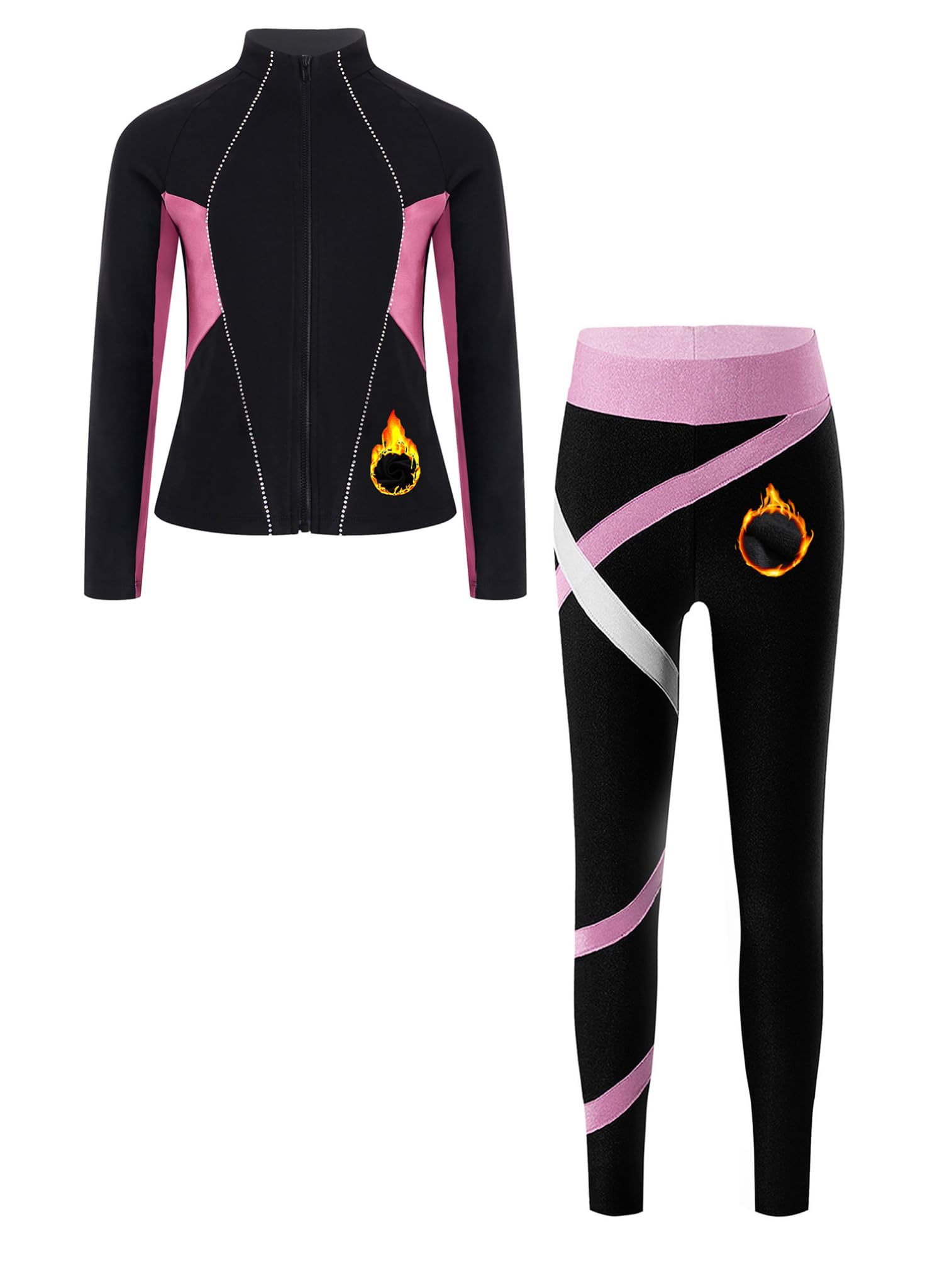 ranrann Ensemble Patinage Artistique Fille Veste Chaud Polaire avec Pantalon Collant Legging Tenue Patinage sur Glace Sport C Rose 11-12 ans
