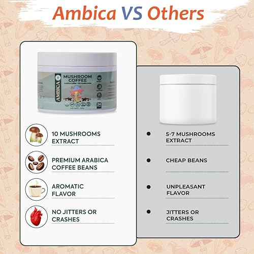 Miniatura 7 de Ambica Café molido de hongos instantáneos, orgánico USDA con diez café de hongos con melena de león, reishi, cordyceps y chaga para apoyo