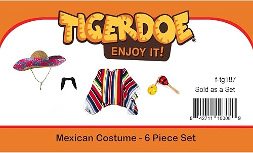 Miniatura 6 de Tigerdoe Disfraz de Cinco de Mayo - Disfraz - Sombrero Sombrero - Auténtico Poncho Serape - Bigotes - Maraca - Fiesta
