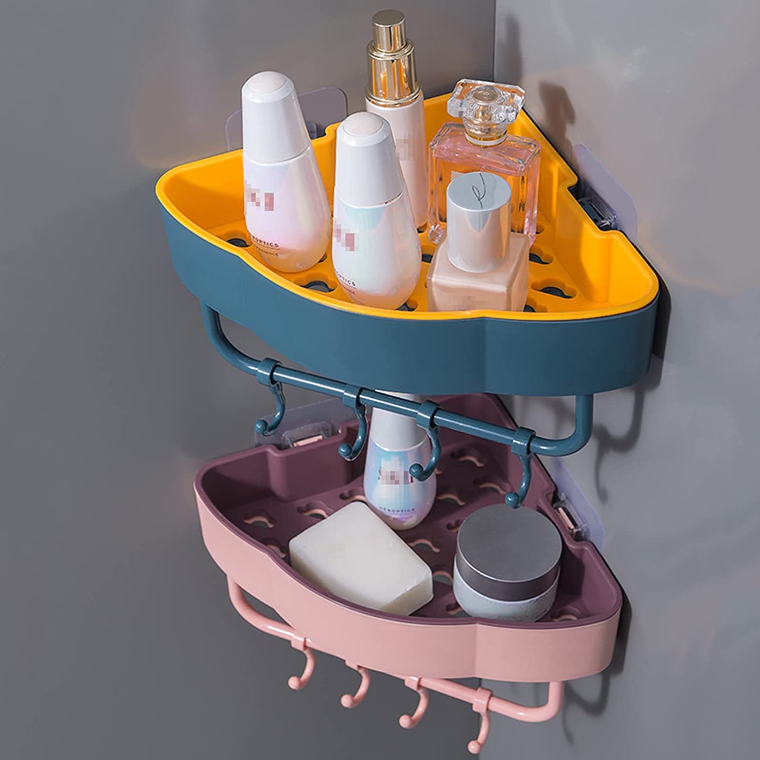 ROFRA Adhesive Bathroom Corner Shelf with Removable Hooks No Drilling Stainless Steel Shower Caddy Storage Basket for Kitchen