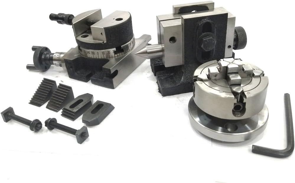 Rotary Table 3"/ 80 MM With ER16 & ER20 Collet Adaptor, M6 Clamp Kit, Round Vice, Tailstock & A Chuck With Back Plate & Fixing Tnuts (With 70 MM Independent Chuck)