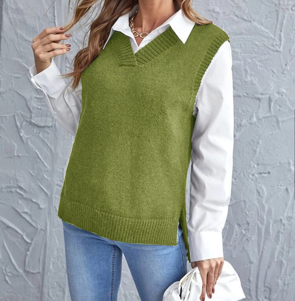 OZEO Maglioni Gilet,Gilet da Donna Semplice Verde Classico A Costine Spacco Laterale Lavorato A Maglia Fine Gilet Scollo A V Senza Maniche Tinta Unita Maglioni Gilet Canotte per Ragazze da Donna,S