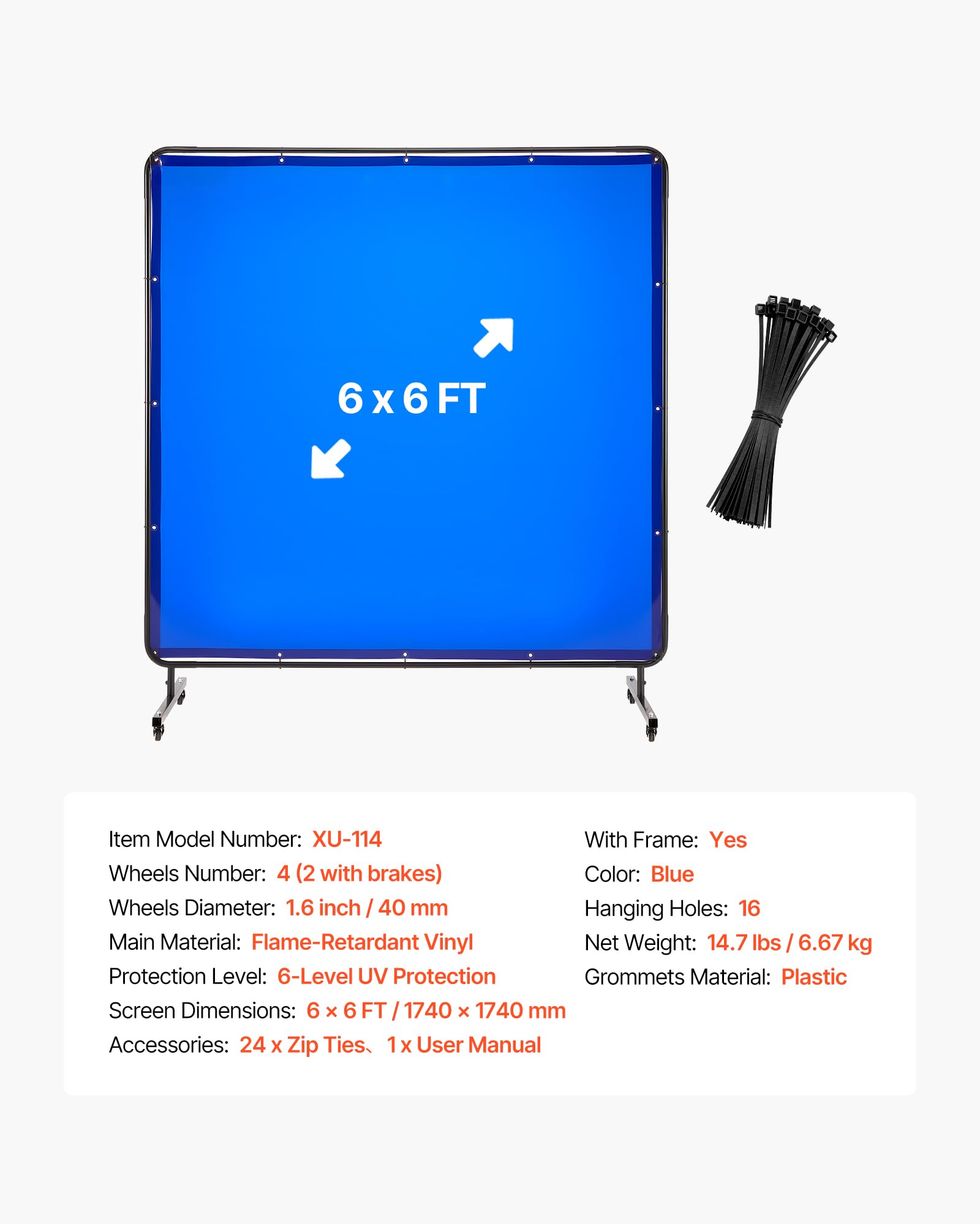 VEVOR Schweißvorhang, 1740x1740 mm Schweißschutzwand, flammhemmende Vinyl-Schweißschutzwand mit feststellbaren Schwenkrädern und 6-stufigem UV-Schutz für Werkstatt-/Industrieeinsatz, Blau