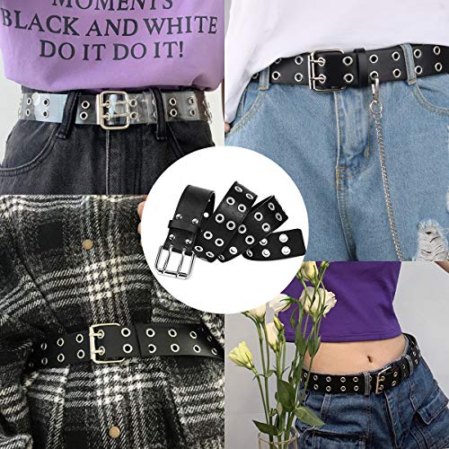 Double Grommet Pu Leather Belt For Women/Men Punk Metal Jean Belt Wide 1.5 Inch, Black, Fit Pants 22-35 Inch #TOP4