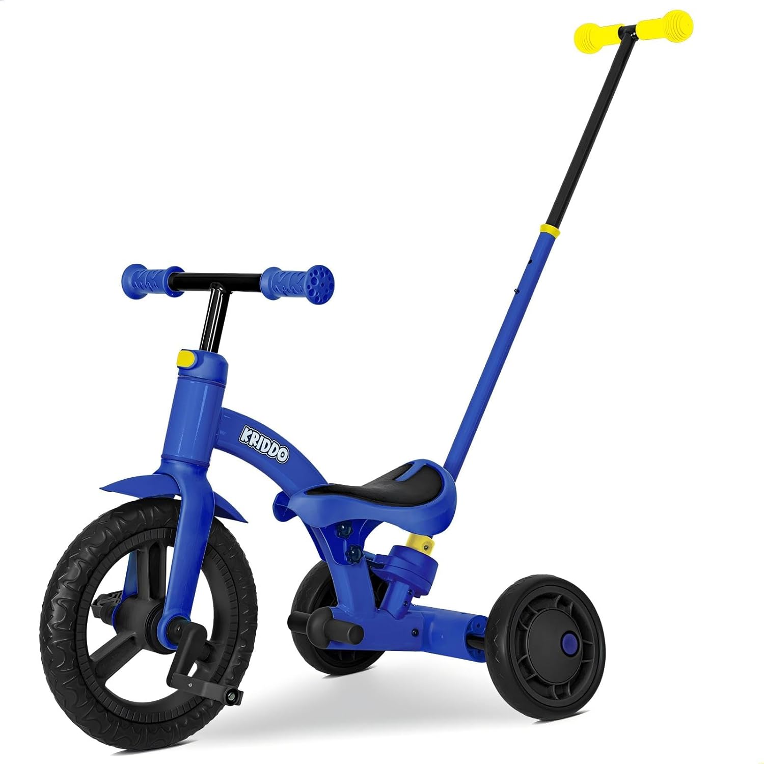 KRIDDO 4-in-1 Kids Tricycle with Push Handle & 12" Wheel - Toddler Balance Bike for 18M-3Y Boys Girls, Adjustable Blue Trike