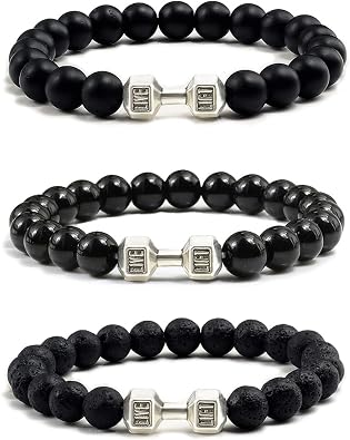 Black Dumbbell Bracelet for Men Gym Bros Bracelet Volcanic Lava Stone Adjustable Natural Stone Beads Bracelet Fitness Barbell Jewelry for Men