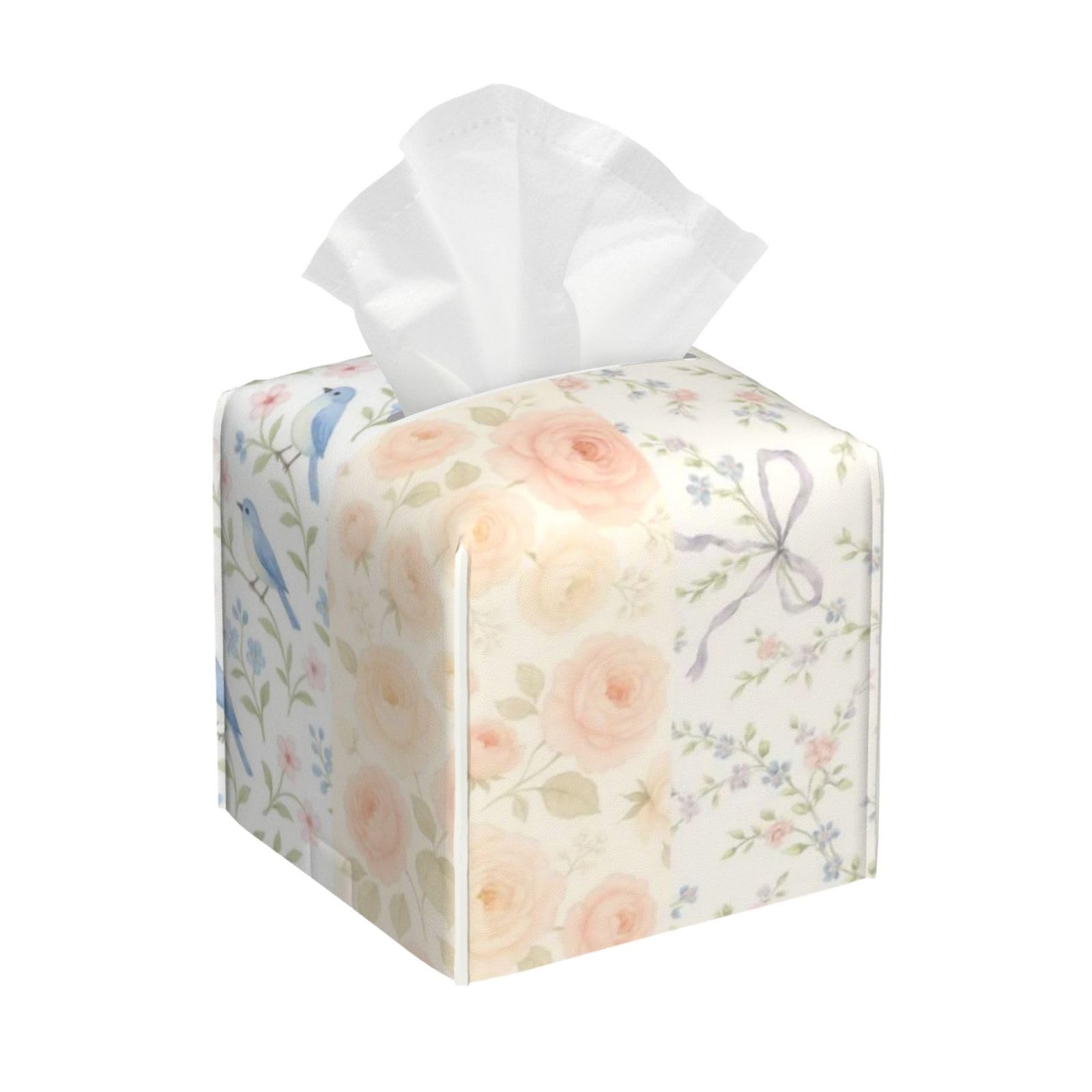 Floral Bows Patchwork Patterns Tissue Box Cover 5" Square Leather Tissue Holder Facial Tissue Case for Tabletop Bedroom Bathroom Desk Decor