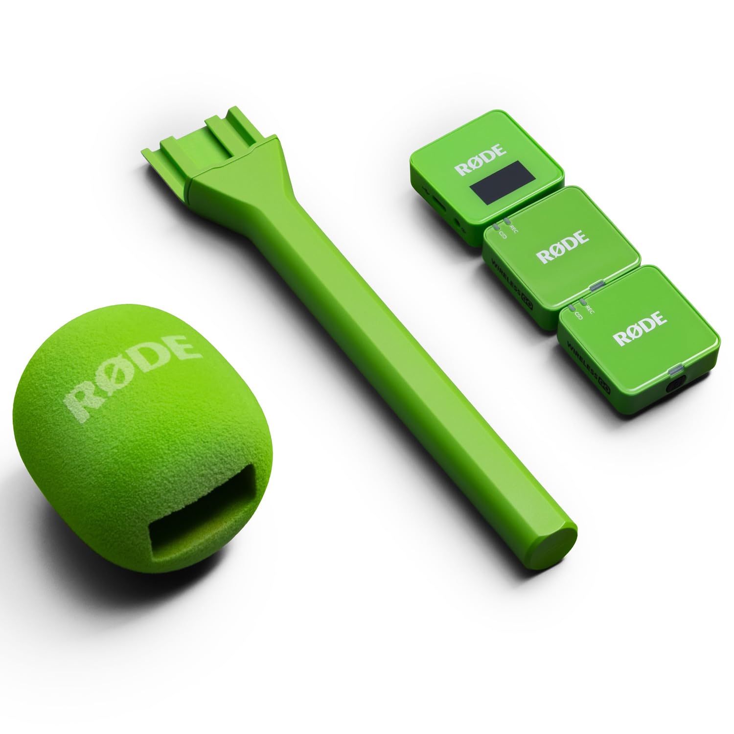 Rode Wireless GO Gen 3 bezprzewodowy 2-kanałowy system radiowy mikrofonowy, zielony, z interview GO, adapter ręczny, zielony i keepdrum, futrzana ochrona przed wiatrem