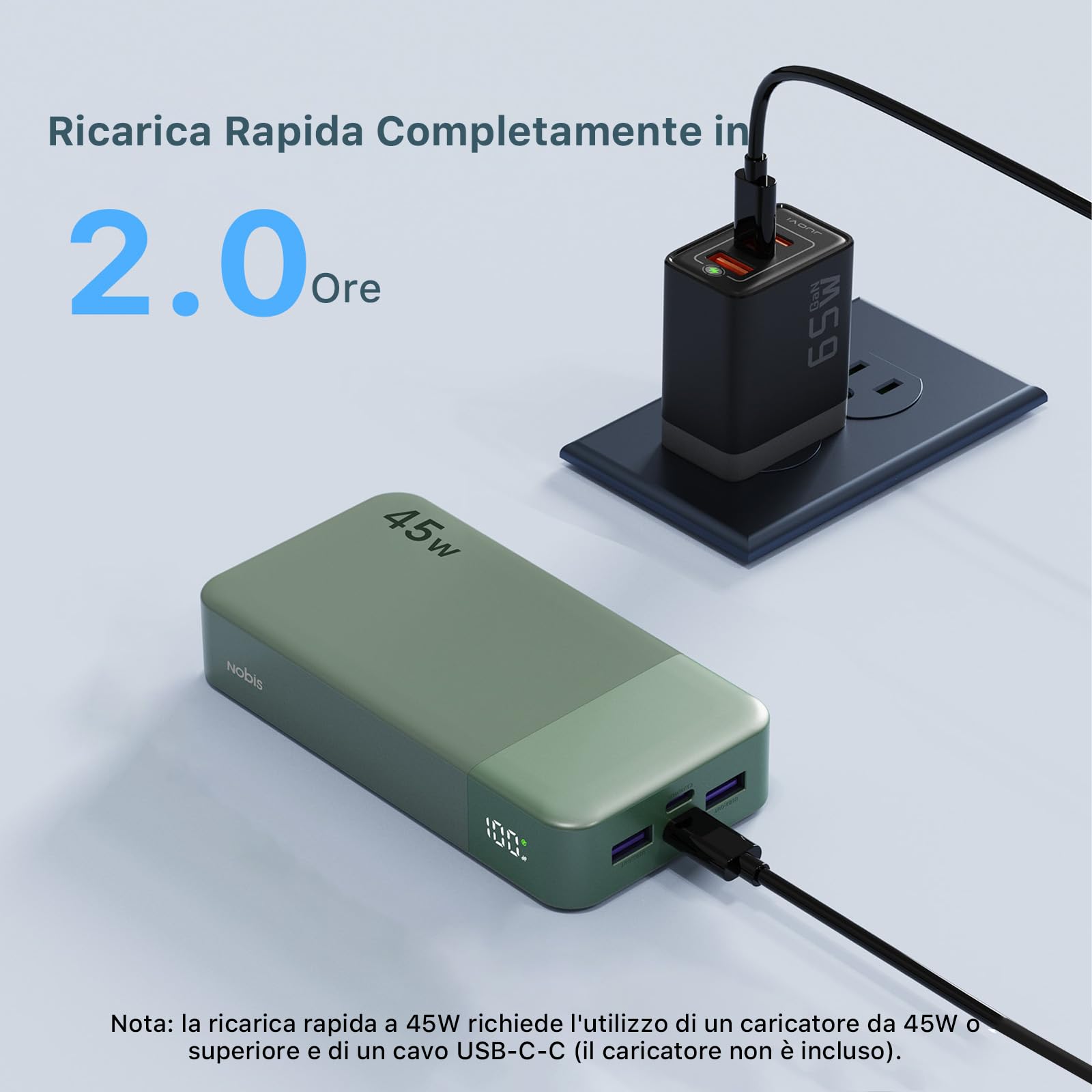 Nobis Power Bank 20000mAh Powerbank 45W Ricarica Rapida Caricatore Portatile USB C In & Out, 4 Porte Portable Charger con Display Digitale a LED, Compatibile con MacBook Phone 15 S23 (Verde)