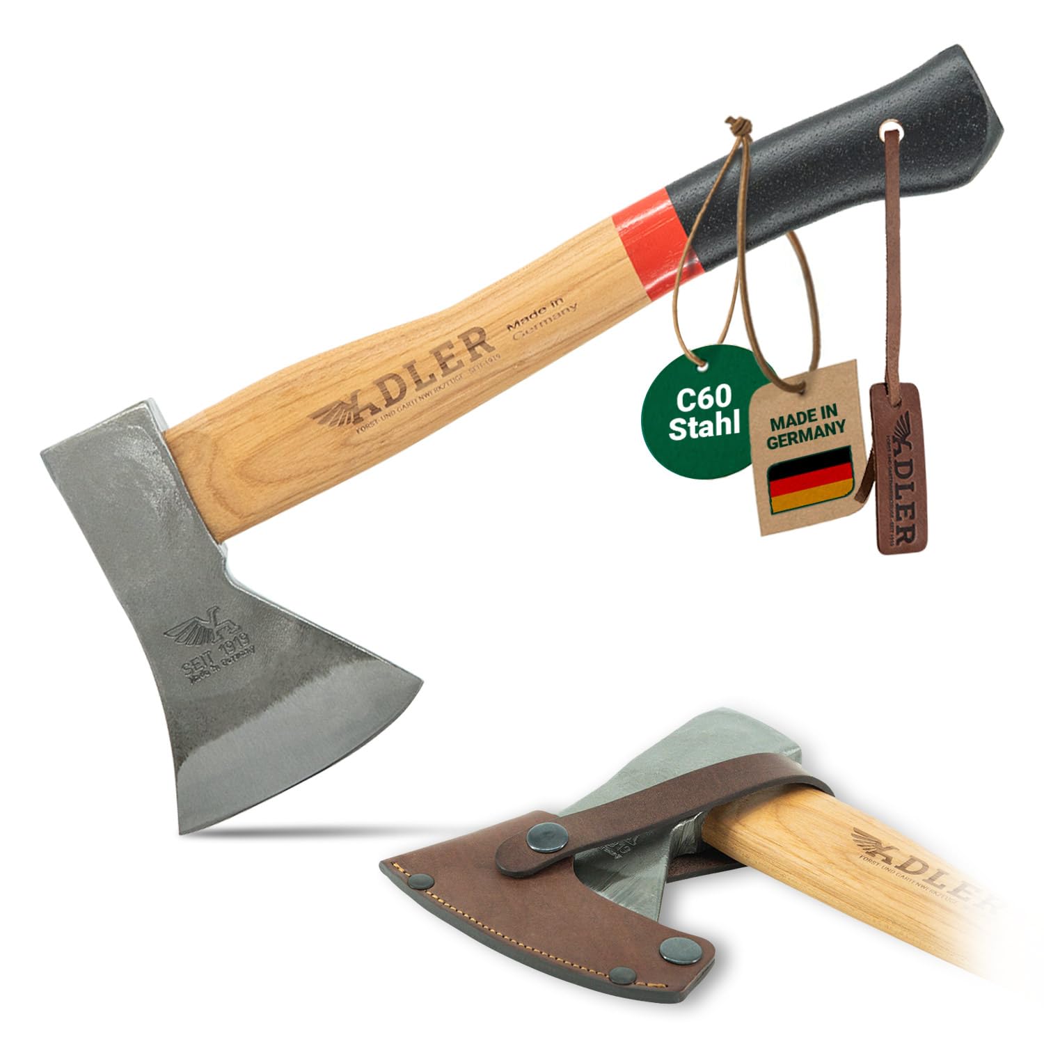 ADLER Beil 600 g, Holzaxt mit 36cm langem ergonomischem Hickory-Stiel, Rutschfester Griff, C60 Stahl Carbon Klinge inklusive Lederschutz/Camping/Forst Garten & Wald/rot, schwarz (Rot/Schwarz) | Geschmiedeter Kopf mit doppelter Sicherheitsverkeilung und Le