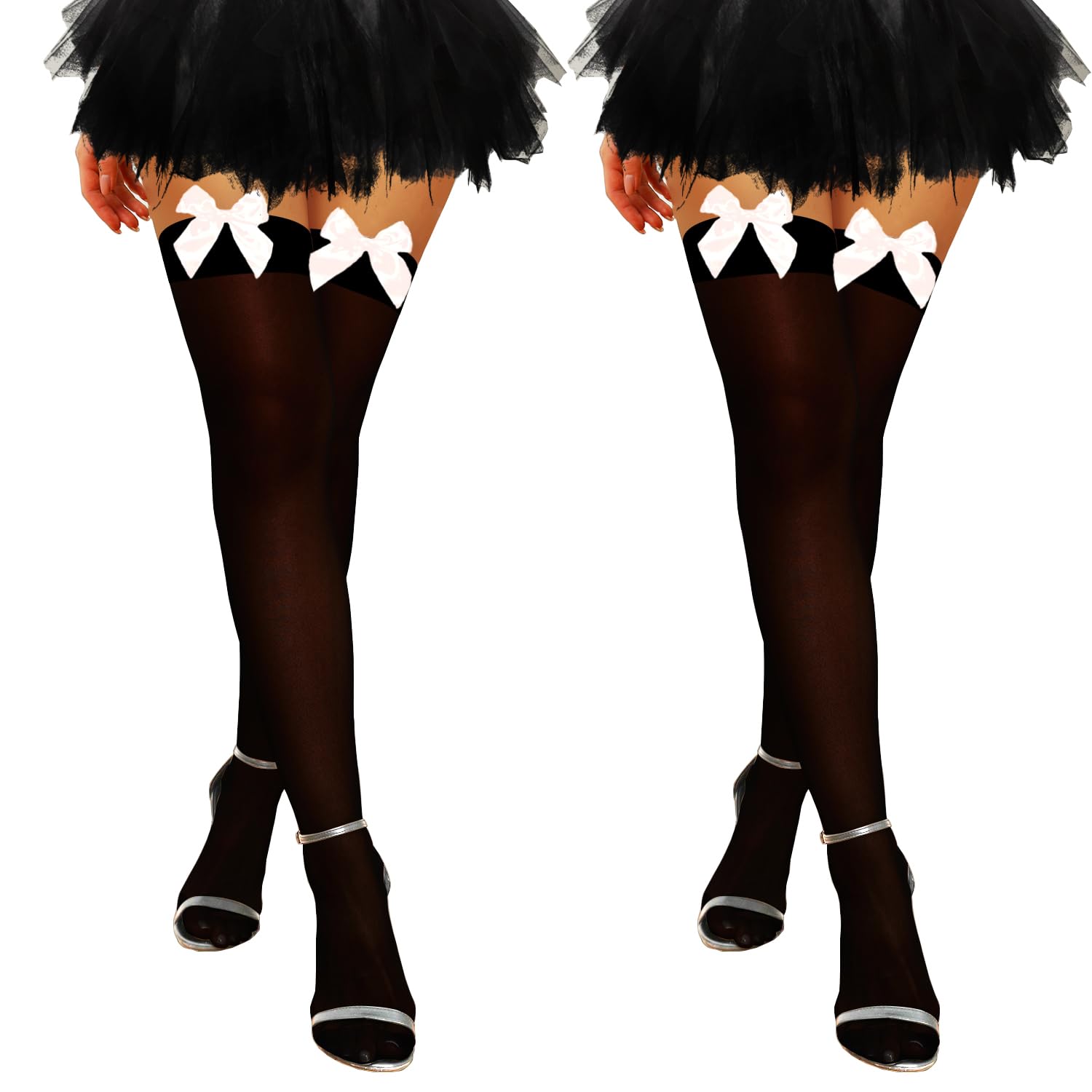 K BKVAVA 2 Pairs Women's Bow Thigh High Stockings Satin Bow Over The Knee Highs Socks,Black with White Bows
