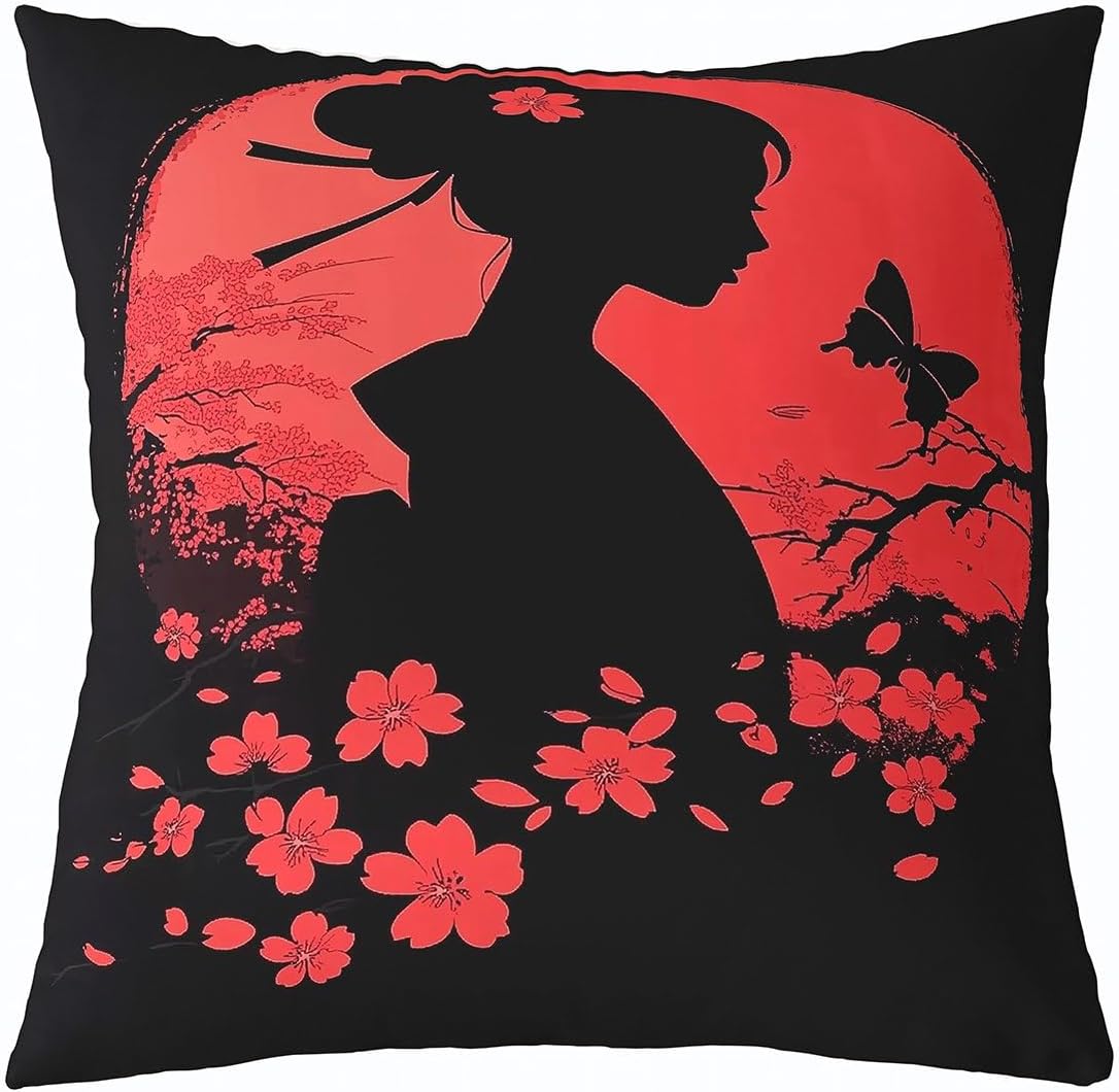 jejeloiu Japanese Geisha Throw Pillow Covers 24 x 24-Inch Kids Red Cherry Blossoms Square Cushion Covers Set of 1 Boys Girls Black Red Pillow Cases Japanese Ukiyoe Throw Pillowcases for Sofa Couch