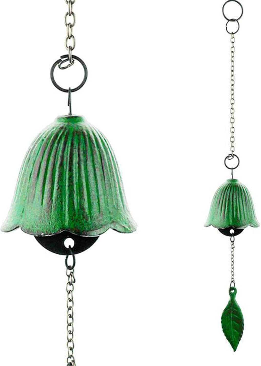 Japanese Wind Chime Cast-Iron Outdoor Ornament for Garden, Patio & Balcony, Hanging Metal Wind-Bell Decoration Gift, Blessing Pendant Windchime, Green Flower & Leaf