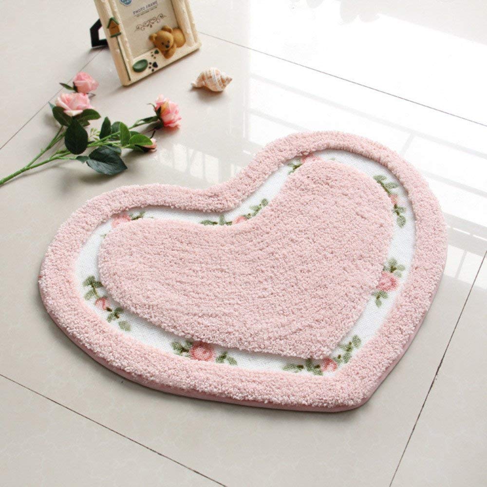 MOMIKA Pretty Floral Rose Heart Shape Bathroom Mat ?Super Soft Pink Shaggy Rug Floor Decoration Carpet?Great for Kitchen,Living Room,Toilet