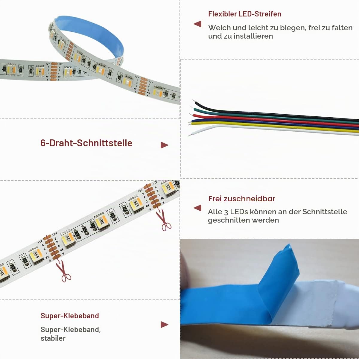 12V 5 in 1 Chip LED Streifen RGB+CCT, RGB + Weiß + Warmweiß (2800K bis 6500K) RGBCW 5M Mischfarben Strip Lichtband IP20 300 LEDs Band Lichtleiste Leiste