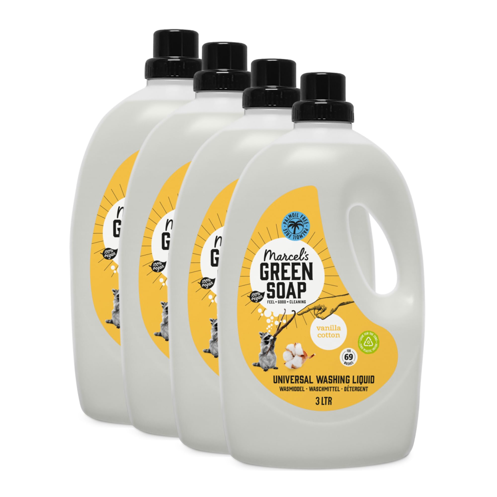 Marcel's Green Soap Universalwaschmittel Vanille & Baumwolle - Vorteilspack - Weiße und bunte Wäsche - Vegan - Mikroplastikfreie Formel - 100% recycelte Plastikflasche - 276 Waschgänge - 3L (4er Pack)