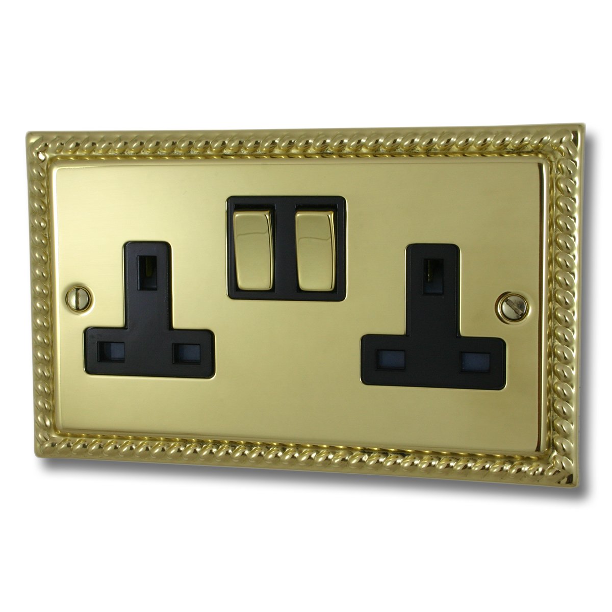G&H Brassware MB310 13A Double Pole Georgian Polished Brass Double Socket - Metal Rockers and Black Inserts
