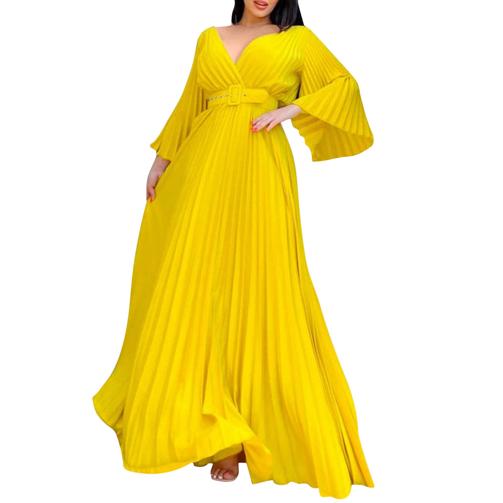 Abito lungo da donna, vintage, con scollo a V, per feste, matrimoni, maxi abito swing, elegante, plissettato, da cocktail, da sera, con cintura, grandi dimensioni, da ballo, sottoveste, gonna a pieghe