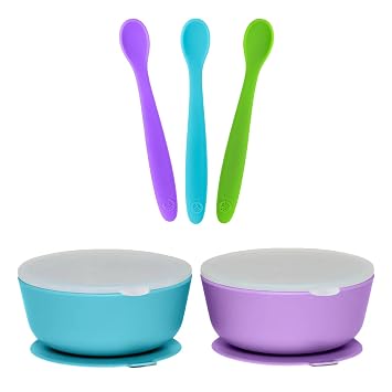 WeeSprout 3 Silicone Baby Spoons & 2 Bowls with Lids Bundle - Soft-Tip, Bendable Feeding Utensils - Durable, Travel-Friendly, Dishwasher Safe - Blue & Purple