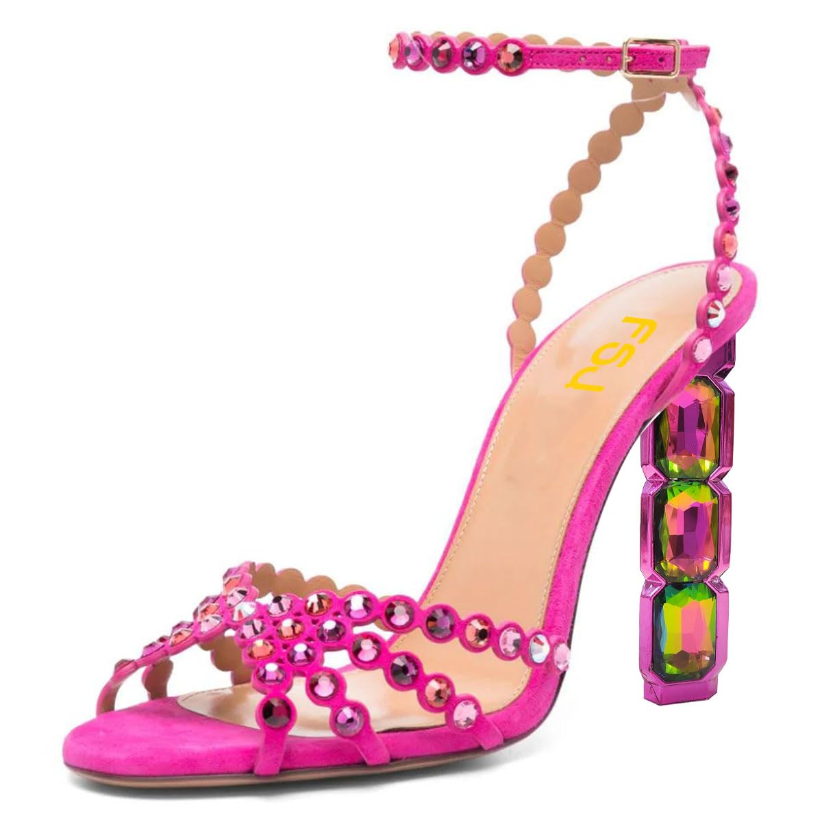 FSJ Women Jeweled High Heel Sandals Rhinestones Diamonds Chunky Block Heel Ankle Strap Buckle Open Toe Fashion Party Evening Wedding Dress Shoes Size