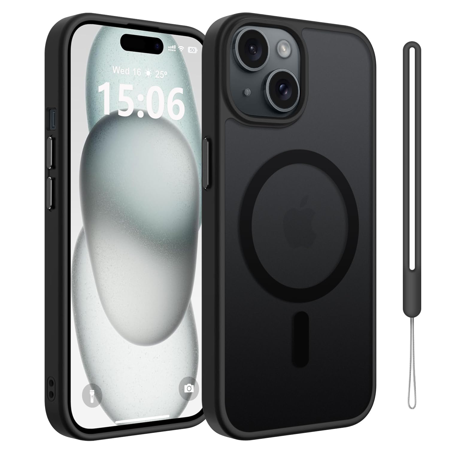 jrester Cover Magnetica per iPhone 15 con cordino, Custodia Traslucida Opaca Hard PC Sottile TPU Antiurto Protettiva Case per iPhone 15 - Nero