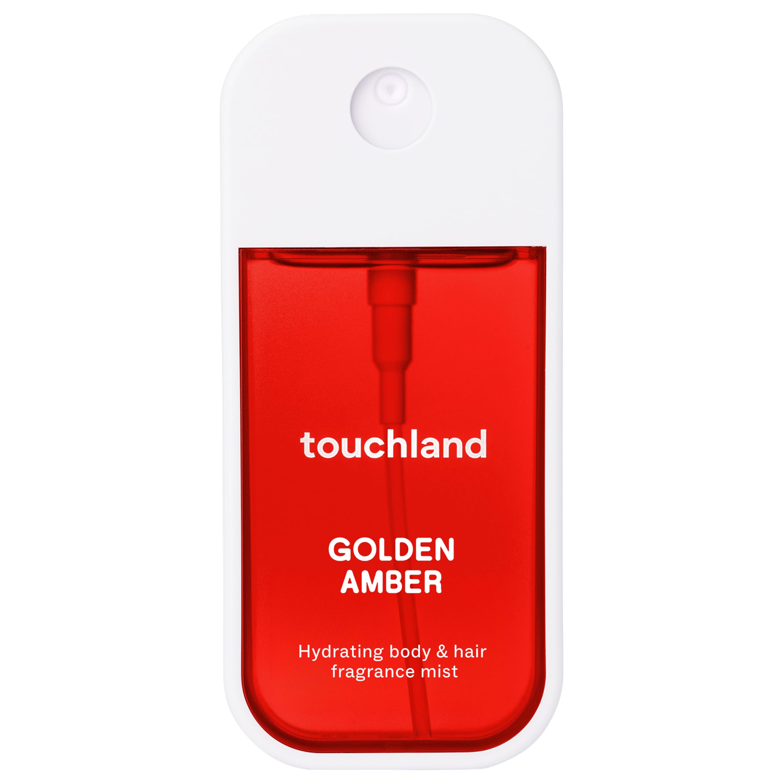 Touchland Body & Hair Golden Amber Hydrating Fragrance Mist Travel Size | TSA ready spray. Warm floral scent of jasmine, lavender, ruby amber & oak moss. Hydrates and refreshes skin and hair.