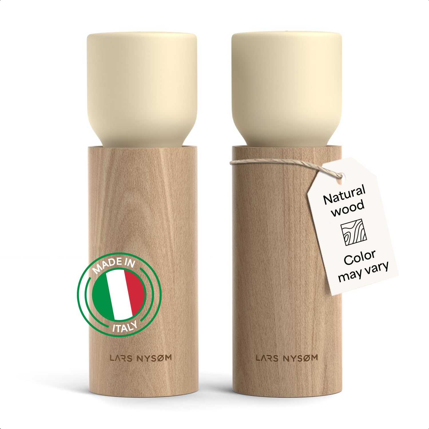 LARS NYSØM Salz und Pfeffermühle Holz Set - Manuelle Salz- und Pfeffermühle mit Keramikmahlwerk - Große Pfeffermühle & Salzmühle für Grobes Salz - Gewürzmühle für Küche oder Tisch (Almond Beige)