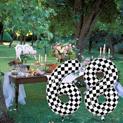 Image of 40 Inch 2nd Birthday Number Balloon, Checkered Foil Self Inflating 2 Balloons Decor, Big Black and White Racing Helium Number 2 Balloons for Girls Boys Birthday Race Car Flag Party Decoration Supplies