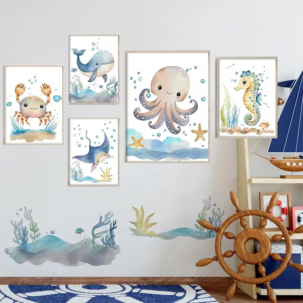 BeiYiHo Affiche Theme Mer Enfant Tableau Animaux Marins Decoration Mer Chambre Enfant Bleu Tableau Ocean Chambre Bebe Tortue Baleine Poisson Hipocampe Toile Poster Deco Marine Chambre Garcon