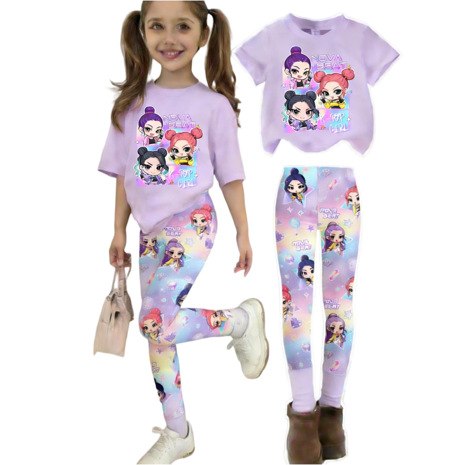 K Pop Short Sleeve T-Shirt and Pants Outfits Set for Girls Hunters Cute Girl's Anime Graphic Tees De-Mon Kids — view 5
