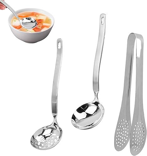 Miniatura 8 de Juego de colador de sopa de olla caliente, cuchara ranurada de acero inoxidable y cucharón de sopa, cucharón de salsa con pinzas para alimentos para