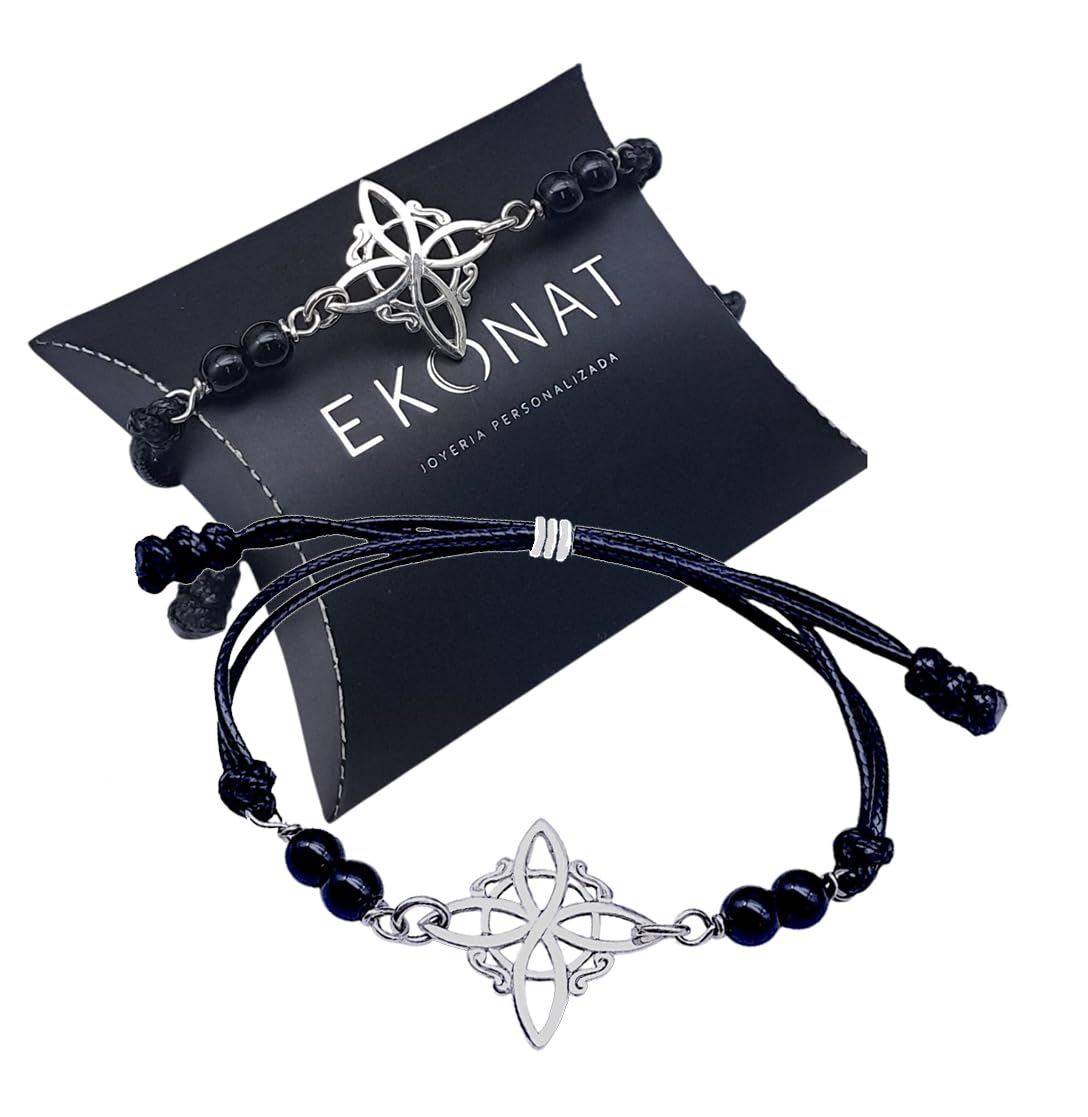 Pulsera Nudo de Bruja plata de ley con agatas negras - nudo de bruja ajustable macrame - pulsera protección - amuleto protector nudo de brujas -