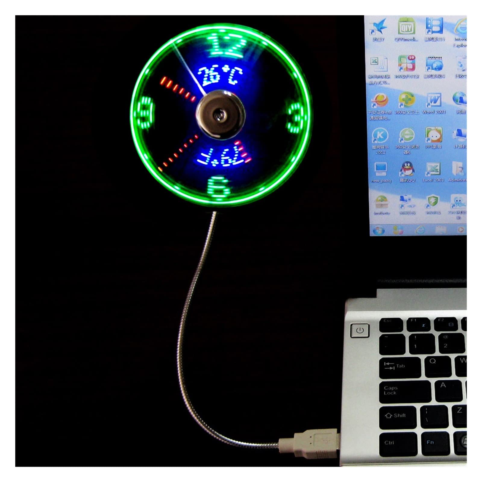 Ventilatore USB portatile con display della temperatura, mini ventilatore ricaricabile per PC e laptop, gadget con luce LED, ideale per uso domestico e ufficio