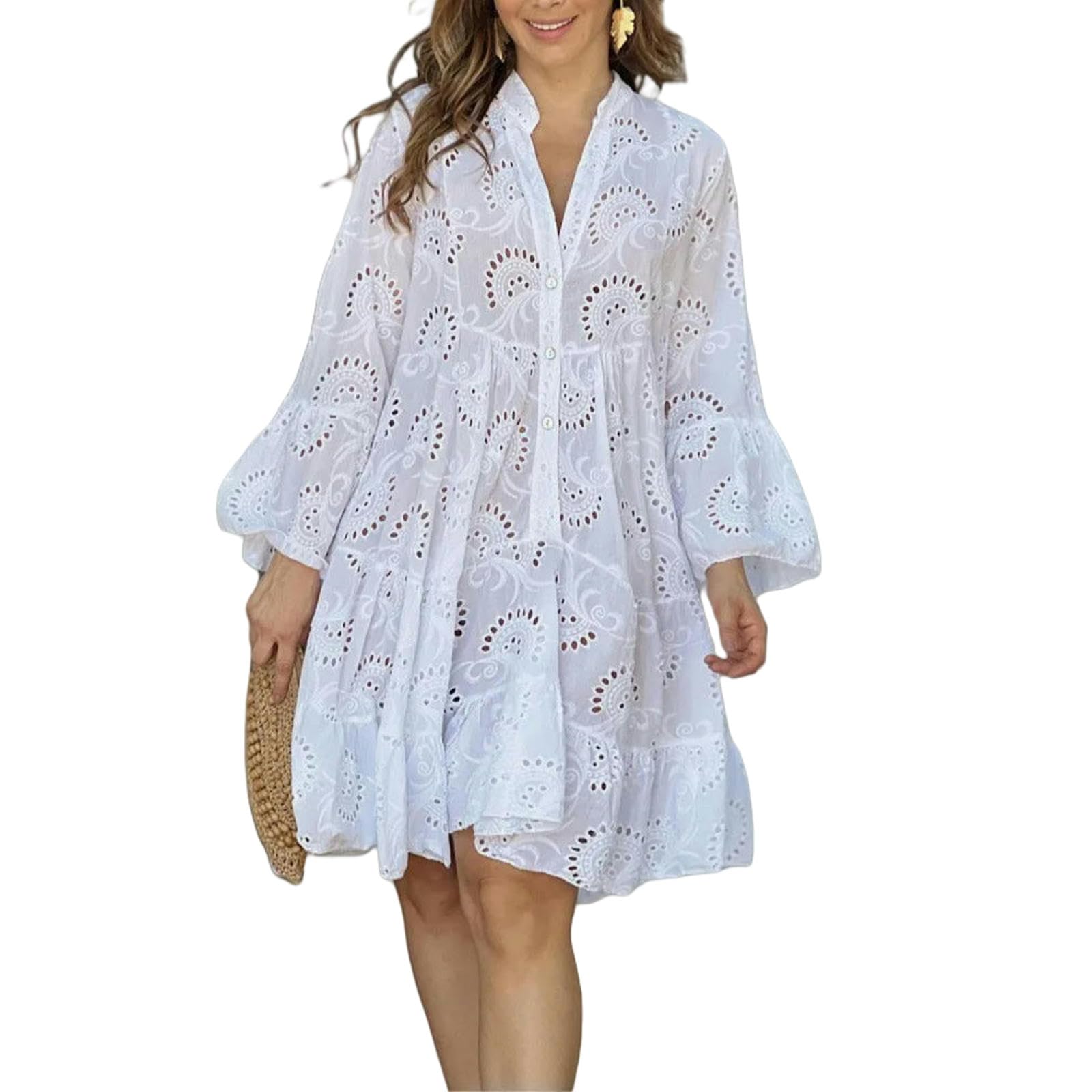 Vestiti a Maniche Lunghe Estate Eleganti Abiti in Pizzo Solido Vintage V-Scollo Sciolto Grovidery Vestidos Women Beach Sexy Mini Bianchi Bianchi-Bianco-s