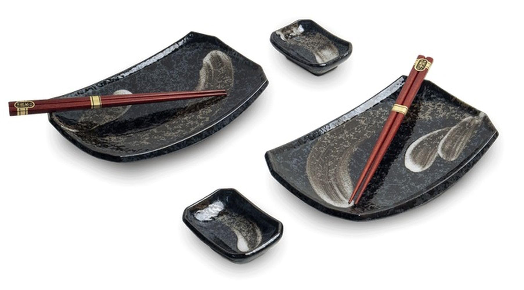 Lot de 6 assiettes à sushi japonaises - Assiettes à sushi rectangulaires, bols à sauce et baguettes en bois - Fabriqué au Japon - Ansen