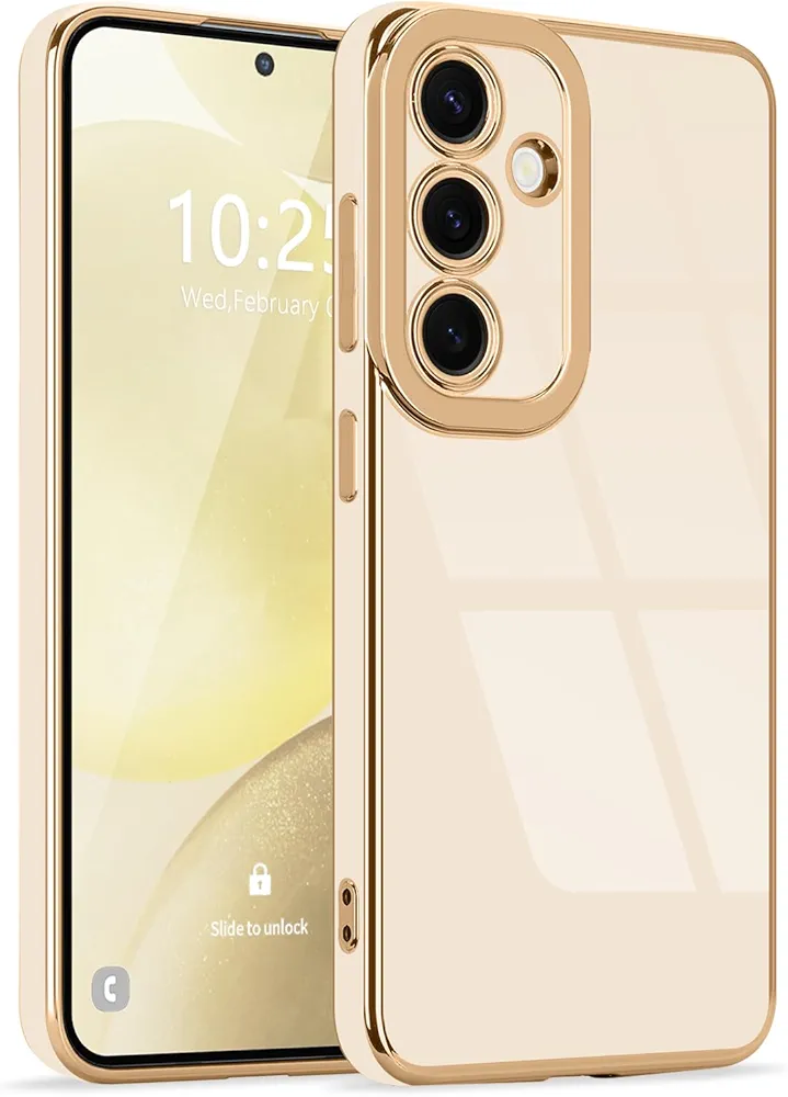 Lafunda for Samsung Galaxy S24 FE Case Cute, Luxury Gold Edge Plating Case for Women Girls Bling Silicone Shockproof Camera Protection Soft TPU Bumper Cover Phone Case for Samsung S24 FE, White