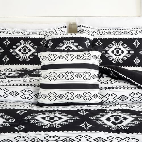Chezmoi Collection INDIE-COM-BLACK-QUEEN Indie 7-Piece Southwestern Aztec Comforter Set - Black White Geometric Symbols Printed Washed Microfiber Bedding thumb #5