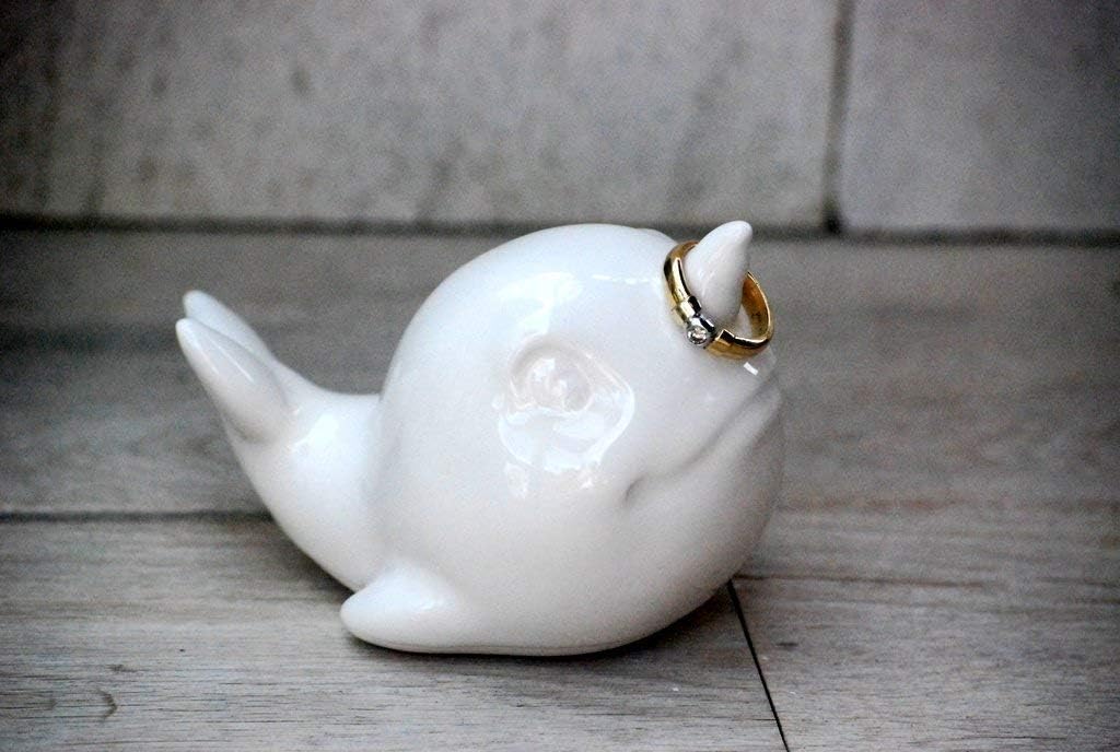 ceramic Narwhal ring holder,white unicorn whale ring holder,