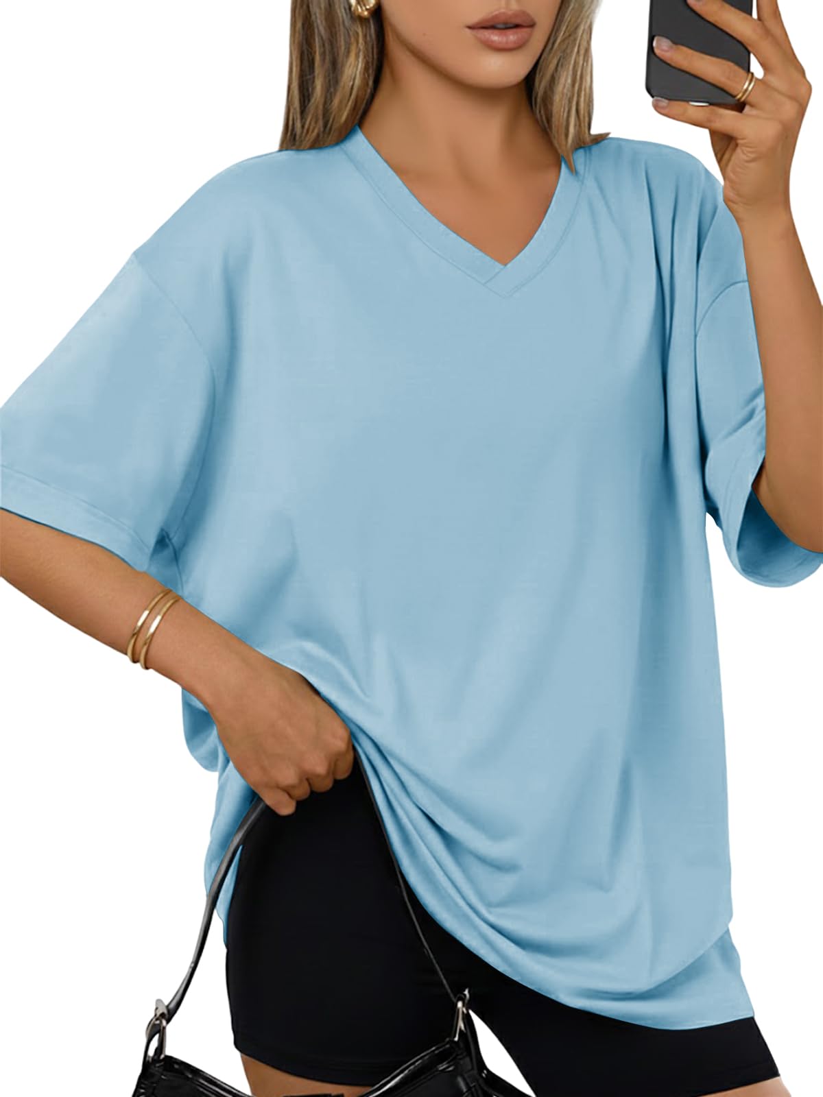 Cuptacc Tshirt Damen V Ausschnitt Oversized Oberteile Basic Locker Kurzarm Tunika Damen Sommer Lang Shirt Mit Schlitz Einfarbig Top