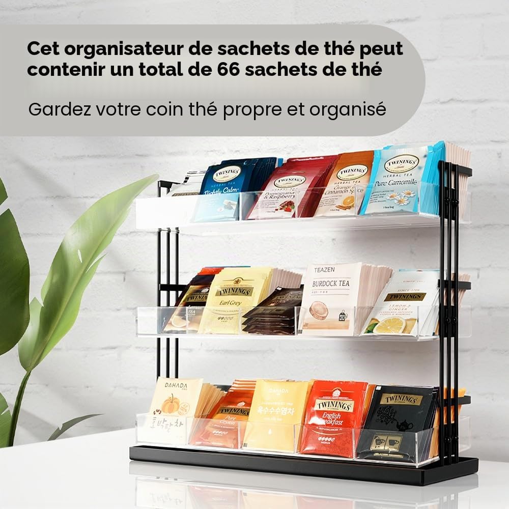 J JACKCUBE DESIGN Organiseur de sachets de thé en acier et acrylique à 3 niveaux, 15 compartiments pour sachets de thé, sachets de sucre, support de rangement pour armoire, comptoir, bureau (noir