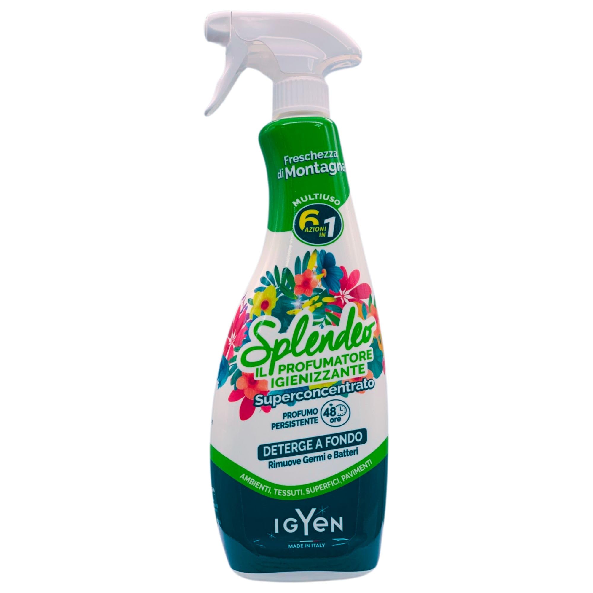 Detergente Multiuso Spray, Il Profumatore Igienizzante Superconcentrato, FRESCHEZZA DI MONTAGNA. Deterge a Fondo, Rimuove Germi e Batteri, 48h Di Pulito Profumato 750ml (6 Spray) + Panno In Lattice