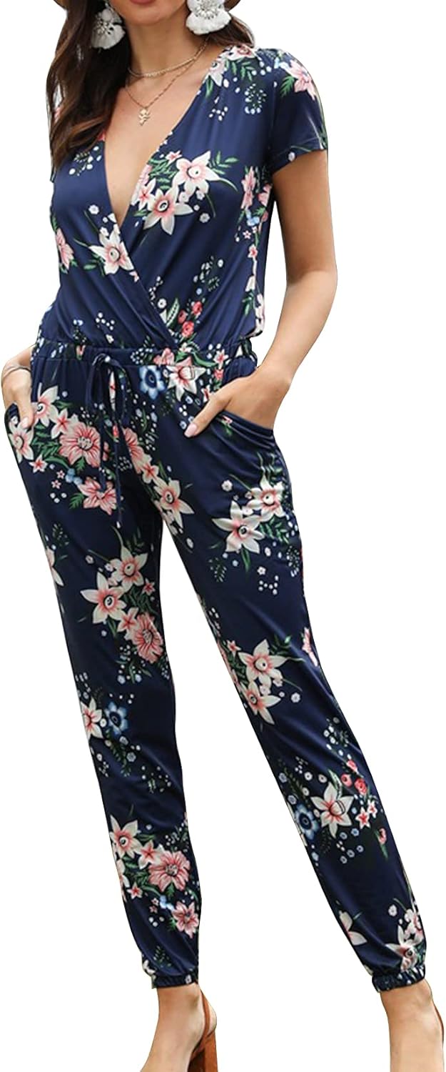 Lu's Chic Women's Short Sleeve Jumpsuit V Neck Romper Long Pants Comfy Casual Summer Print Soft
