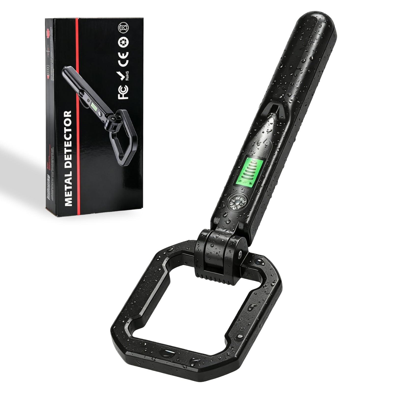Foldable Handheld Metal Detector, 360° High Sensitivity Pinpointer, IP66 Waterproof Portable Metal Detector with LCD, LED Light & Compass, Lightweight for Beach, Camping, Kids & Adults