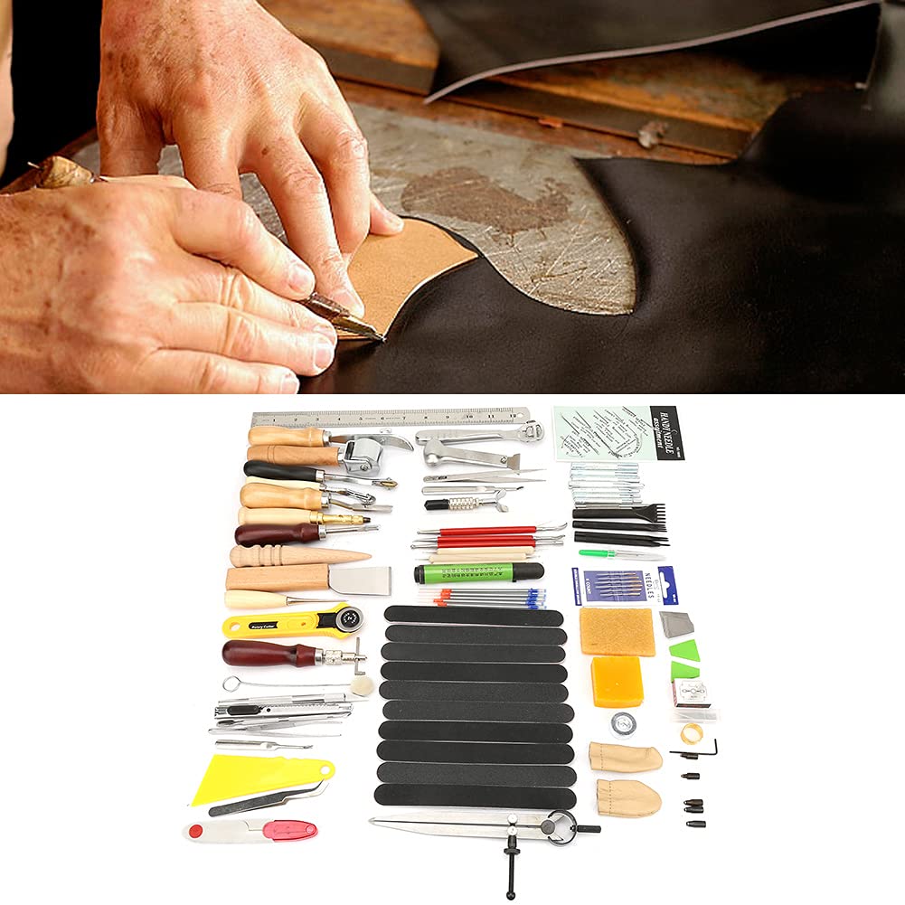 Professionelles Lederhandwerkswerkzeug-Set, 60-teiliges Lederbearbeitungswerkzeug-Set zum Nähen, Schnitzen, Nähen, DIY-Lederprojekte, Anfänger, Designer, Holz, Stahl, Mater